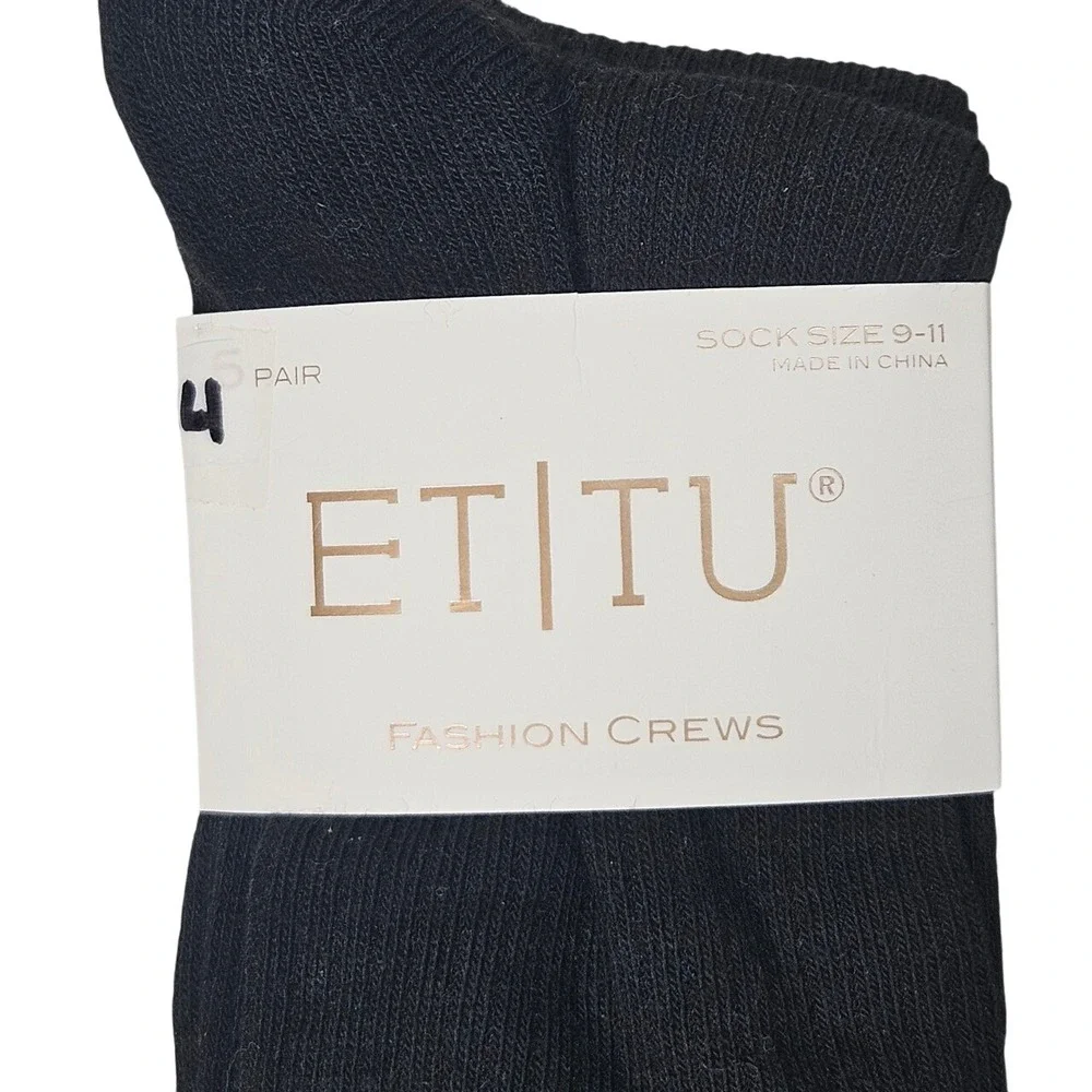 ET TU Fashion Crews Socks 6 Pair Black White Ribbed Ruffled Crew Socks Size 9-11